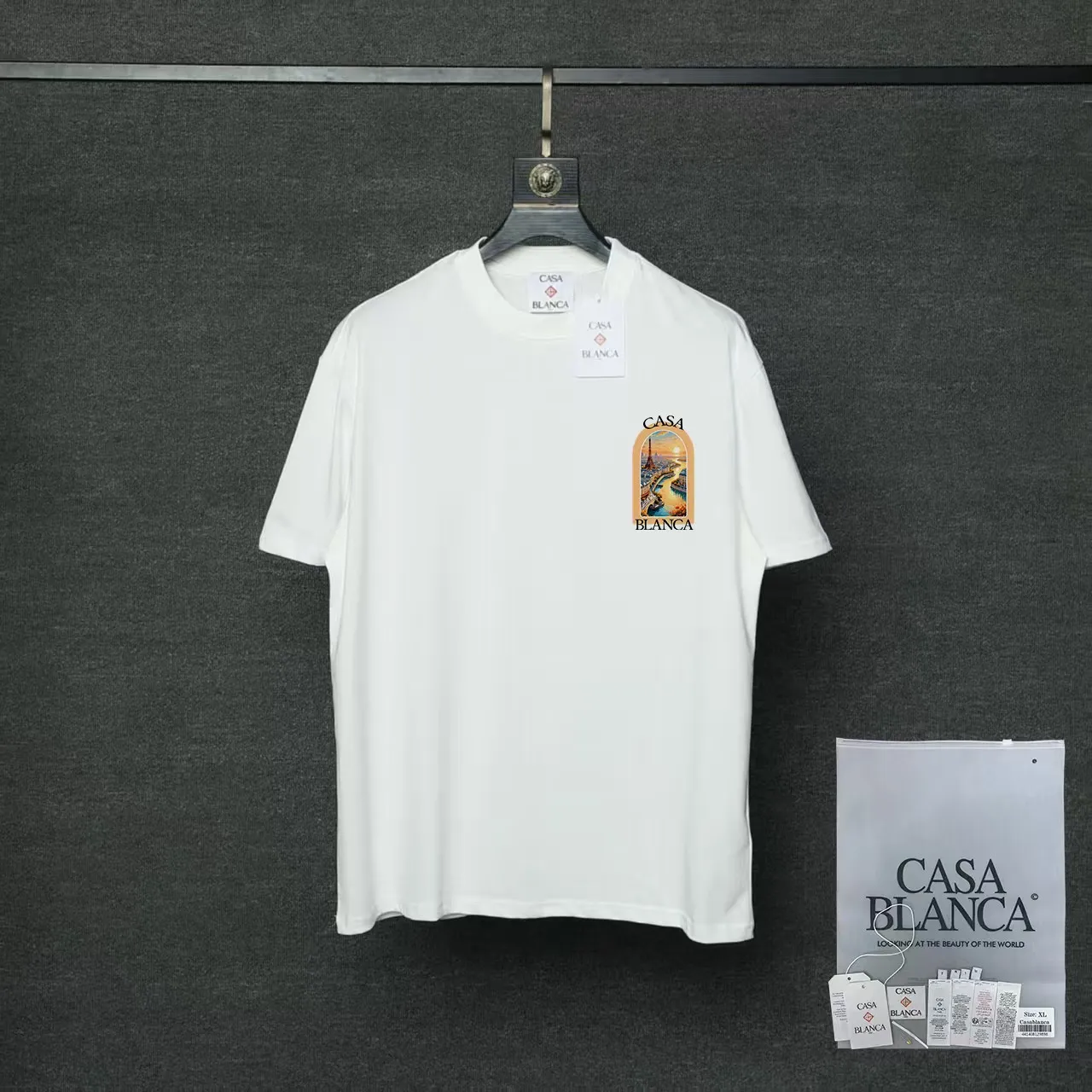 26ss CASABLANCA original printing process short-sleeved T-shirt original development using high-density double yarn pure cotton fabric upper body soft and comfortable color Black White Dark Green color Orange Pink Blue Royal Blue color cigarette powder 8 colors Sizes S M L XL